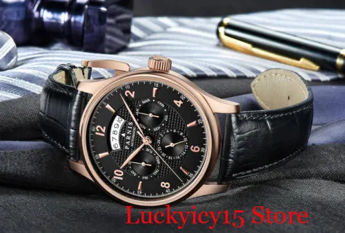 PARNIS Роскошные 26 Jewels Автоматический ход для мужчин t розовое золото чехол Дата месяц неделя индикатор черный циферблат механические мужские наручные часы