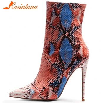 

Karinluna Mixed Color Print Pointed Toe Female Ankle Boots Sexy High THin Heels 12 cm Short Plush Autumn women shoes