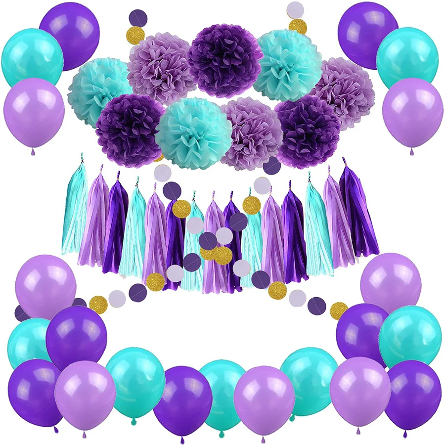 55pcs/Set Purple Latex Balloons Decoration Mermaid Party Baby Shower Boy Girl Paper Artificial Flower Pompoms Decor Birthday - Цвет: 01