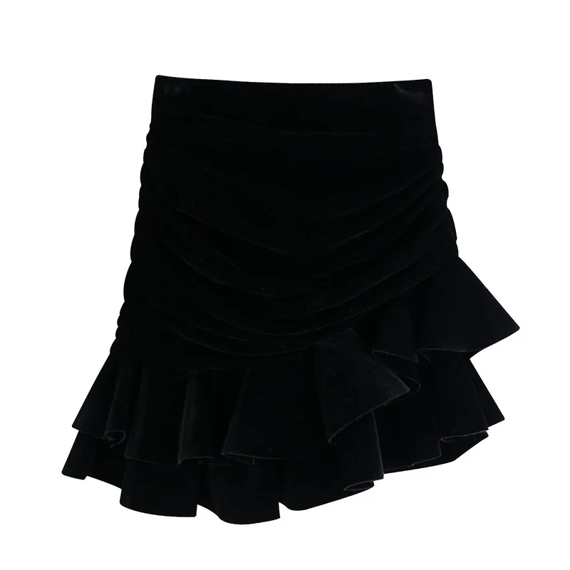 Женские комплекты осень новые модные черные бархатные ткани с пышными рукавами Верхняя одежда и мини юбки с оборками