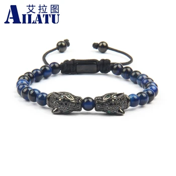 

Ailatu Luxury Men' s Double Panther Head Bracelet with 6mm Natural Tiger Eye Stone Beads Couples Leopard Hand-Made Rope Jewelry