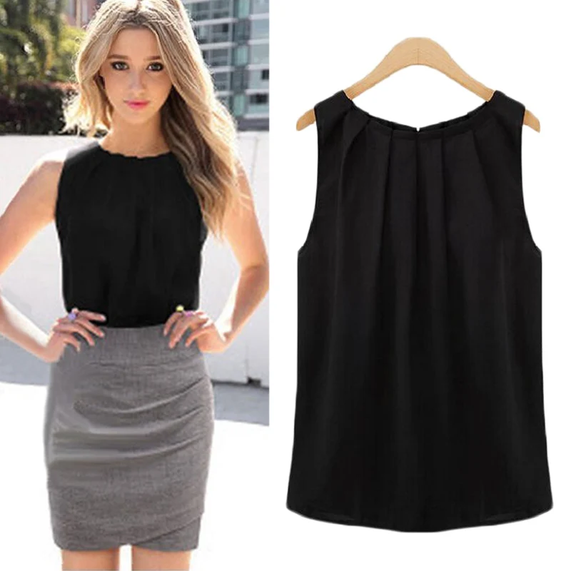 

New Women Sleeveless Chiffon Blouse Blouses Shirt Vest Tops Tank Casual Summer Office Lady Elegant Round Neck Ladies Casual Top
