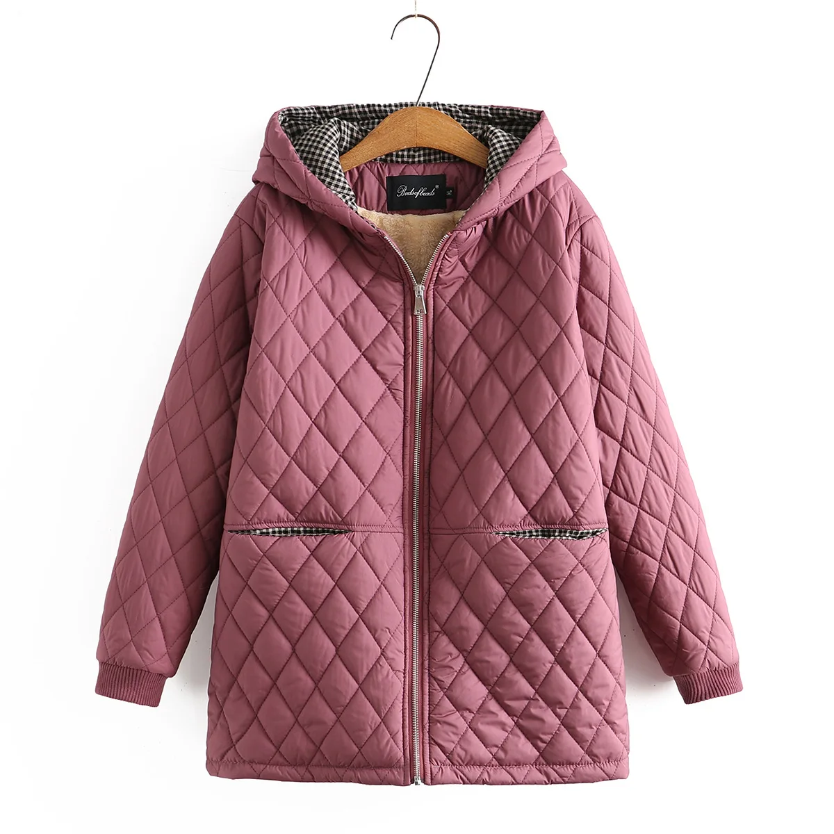

Plus Size Parkas Women Clothing Winter Middle Aged Wadded Jacket Hooded Argyle Thick Fleece Liner Warm Padded Coat