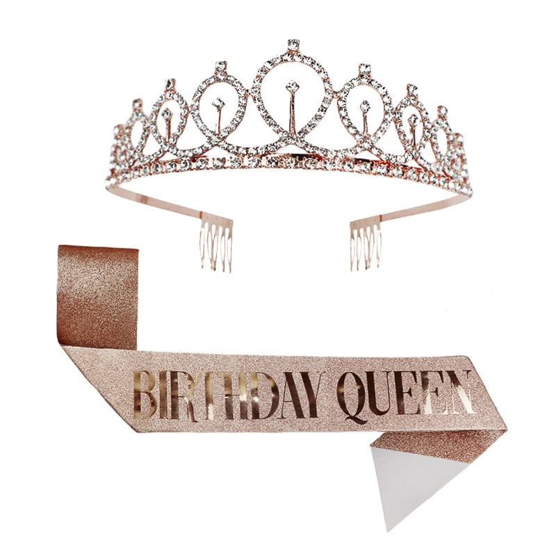 Gold Silver Glitter Birthday Sash Rhinestone Tiara 18th Crystal Crown Birthday Queen Satin Ribbon Sash For Birthday Party Decor
