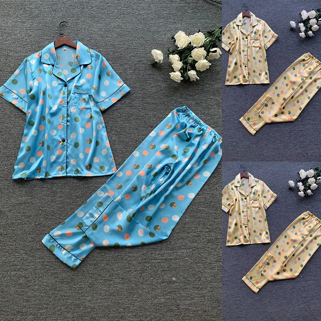 Женские пижамные комплекты с коротким рукавом из искусственного шелка короткими