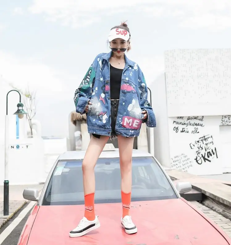 

2019 bgsolid women's jacket denim jacket female new splash ink printed patch loose street tide brand denim jacket female