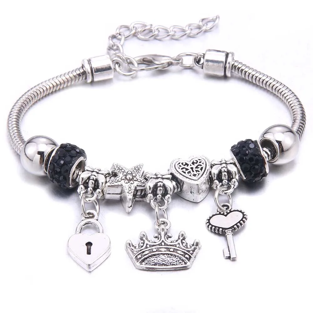 Antique Crown key lock Shape 6-colors crystal Charm Bracelets for Women Glass Beads Brand Bracelet & Bangle DIY Jewelry Gifts