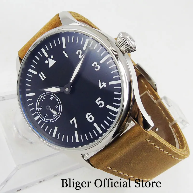 

Fashional Mechanical Men Watch 44mm Hand Winding Movement Black Dial Camel Strap Luminous Marks