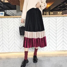 Новинка, Женская юбка, Лоскутная, бархатная, плиссированная, контрастных цветов, юбки цвета хаки, серый, красный, синий, 9259