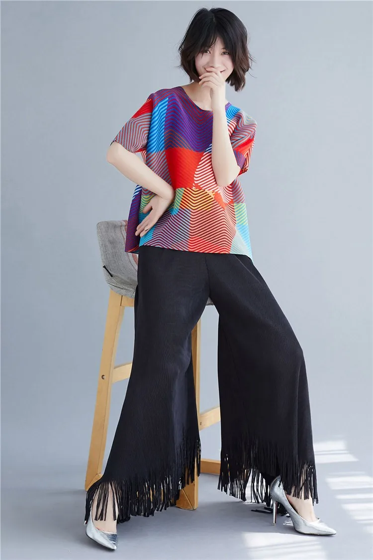 Темно-серый Miyake fold Новые расклешенные брюки с кисточками, с 9 точками, тонкие женские широкие брюки с высокой талией - Цвет: Темно-серый
