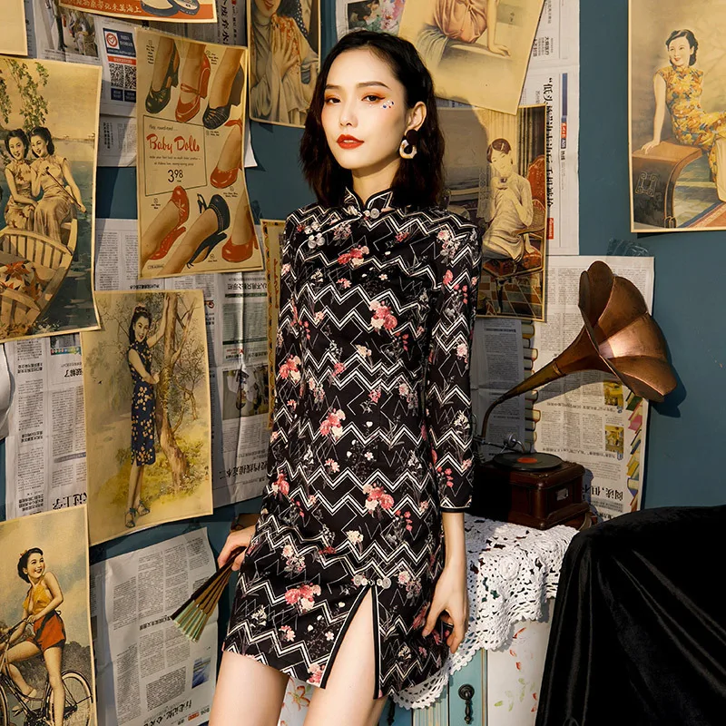Sheng Coco мини сексуальное Полосатое платье Qipao с длинными рукавами Черное Чонсам с принтом из бархата с защитой для женщин новинка дизайн Китай Qi