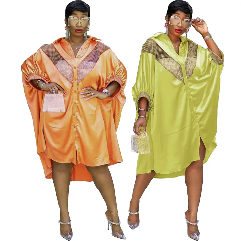 Women Loose Shirt Dress Fall 2021 African Clothing Dashiki Fashion Mesh Hollow Out Yellow Dress Casual Work Vestidos All-match