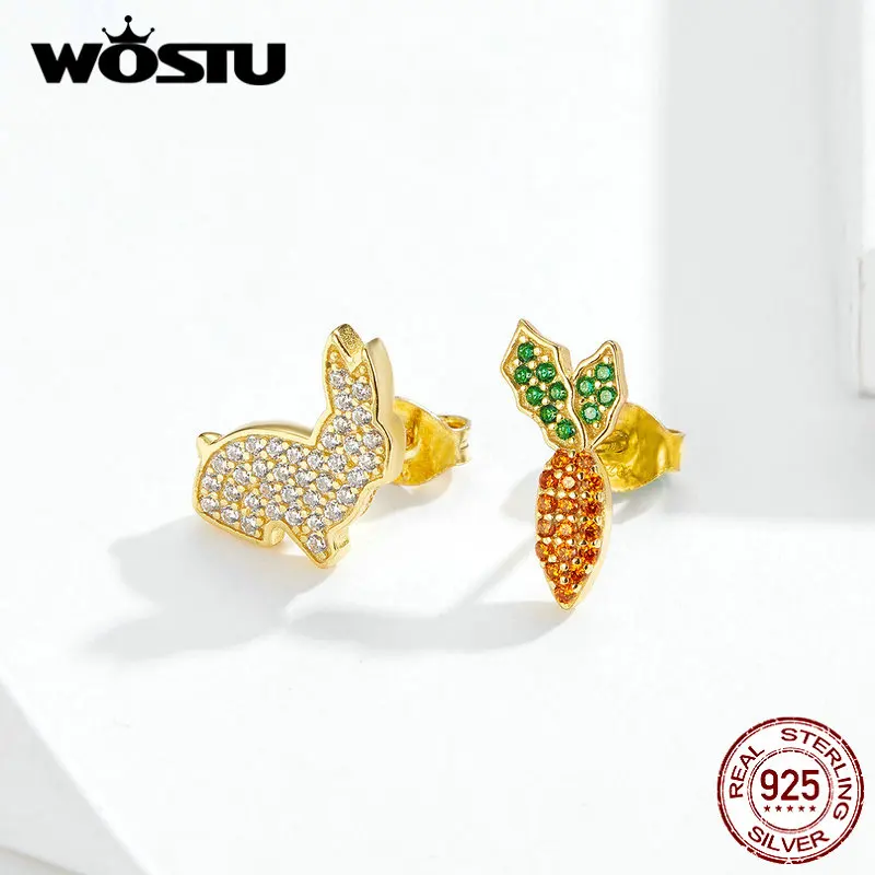 WOSTU модные 925 пробы серебряные серьги-гвоздики с кроликом и морковкой циркониевые золотые свадебные серьги для женщин Свадебные ювелирные изделия DXE249-B