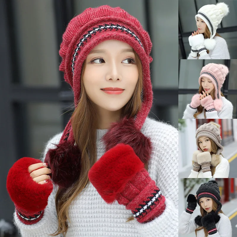 

Cute Women Knitted Hat Gloves Set Xmas Winter Warming Thicken Crochet Beanie Hat TH36