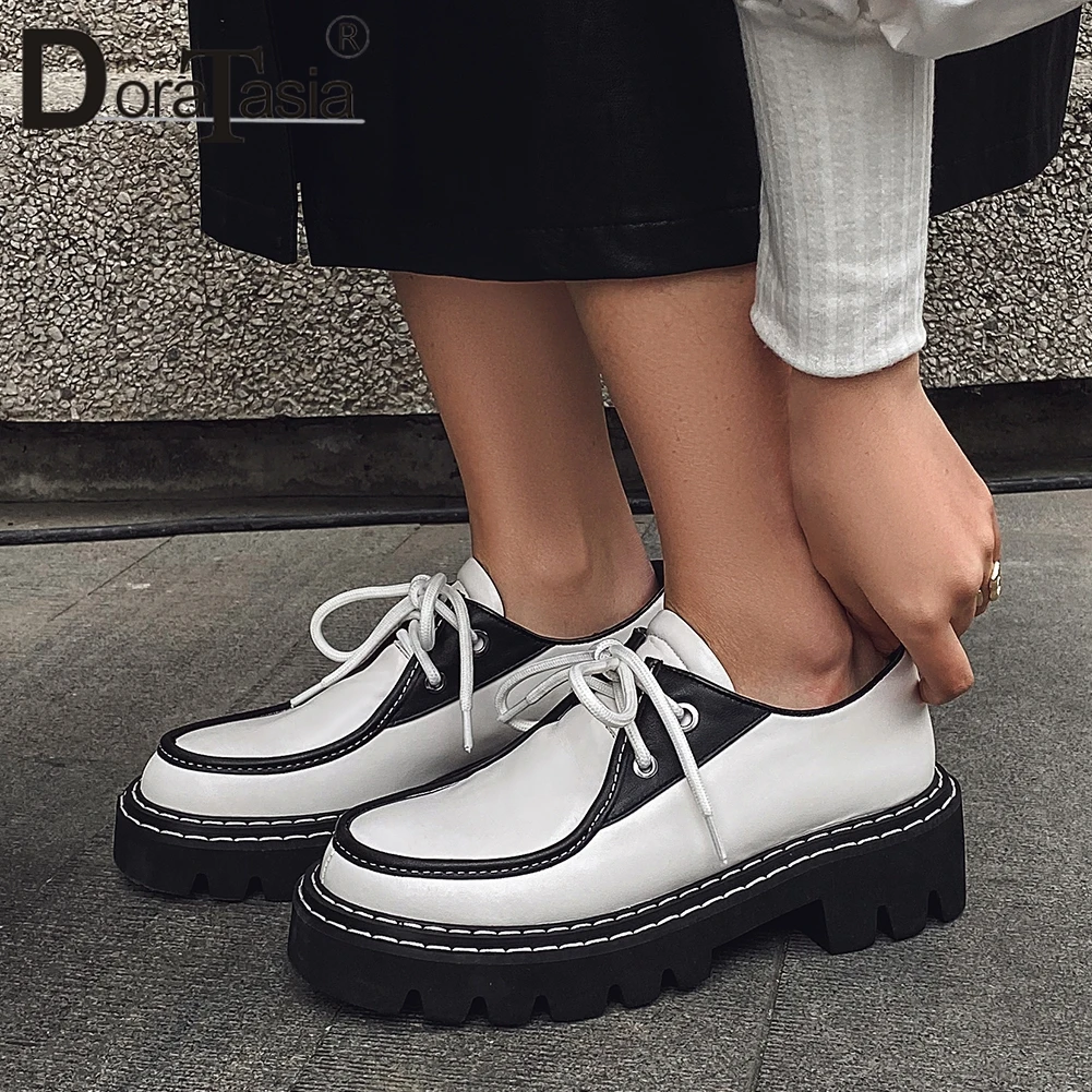 

DORATASIA 2020 New Spring 34-42 Ladies British lace-up Flats High Platform Flats Women mixed-color Genuine Leather Shoes Woman