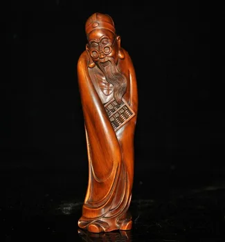 

wedding decoration 8" Boxwood wood wealth Jambhala mammon Landlord Ancient shopkeeper people statue