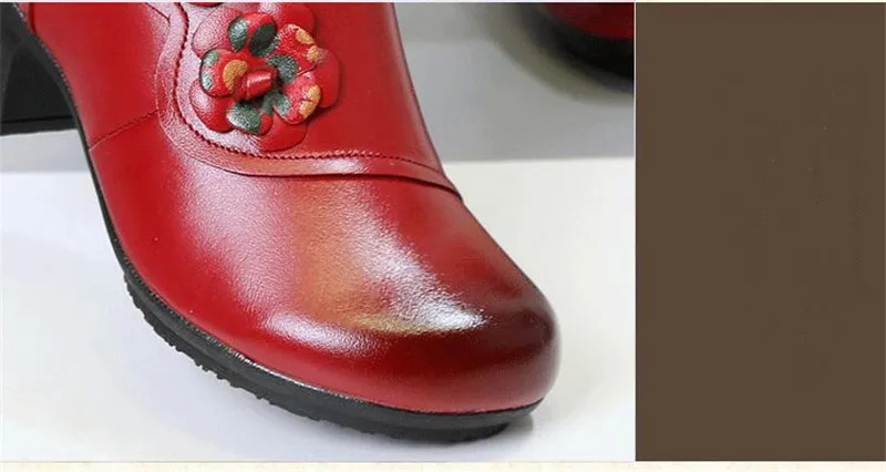 YAERNI Autumn Winter Shoes Woman Cow Leather Flower Shoes Comfort Med Heel Ankle Boots Genuine Leather Fashion Shoes women
