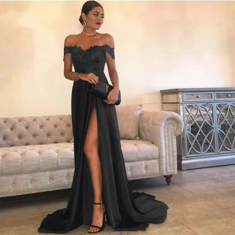 

Burgundy Off Shoulder Evening Dresses Long Front Split Strenchy Satin Formal Evening Party Dress for Women