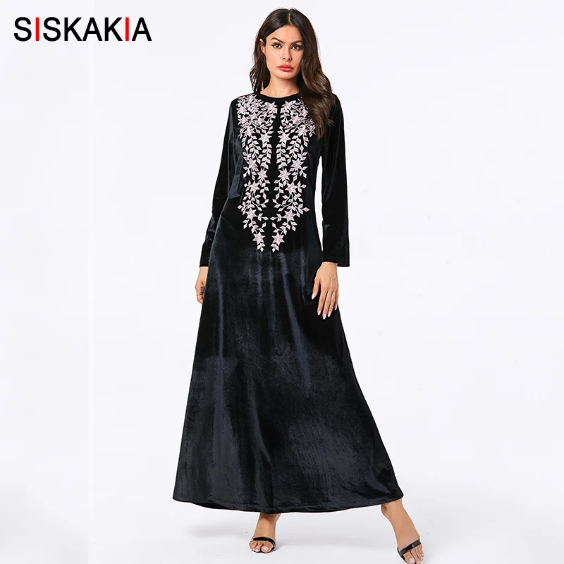 Siskakia шикарное длинное платье макси с цветочной вышивкой, короткое платье с круглым вырезом и длинным рукавом, элегантные платья в арабском стиле, черная, зеленая осенняя одежда