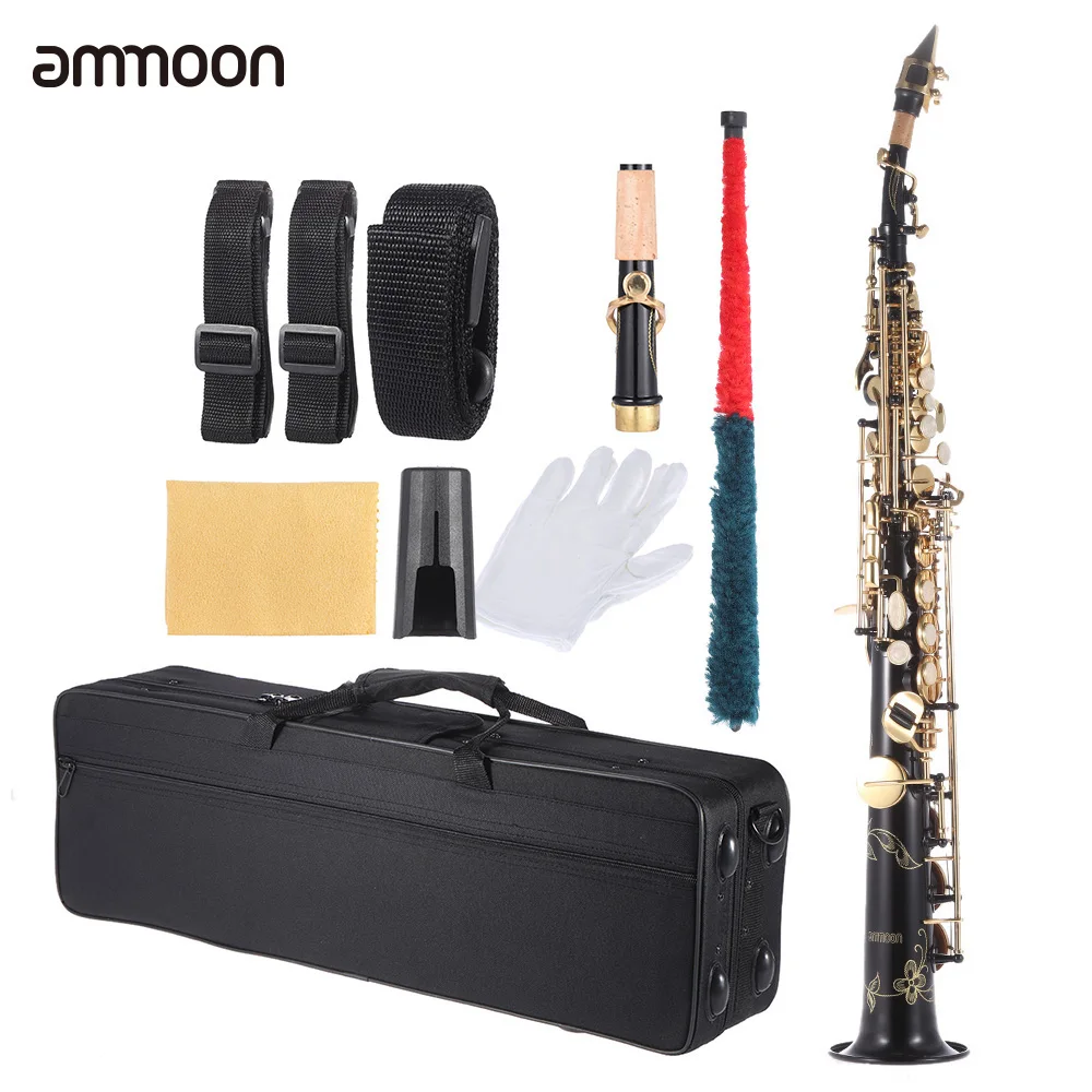 

ammoon Brass Straight Soprano Bb B Flat Sax Saxophone Woodwind Instrument Natural Shell Key Carve Pattern with Carrying Case