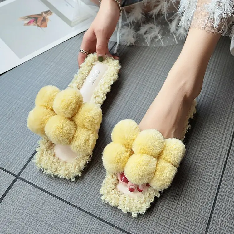 

2019 Summer New Style Korean-style Cute Furry Ball Square Head Peep-Toe Furry Sandals Women's Lazy Outer Wear Flat Fluffy Shoes