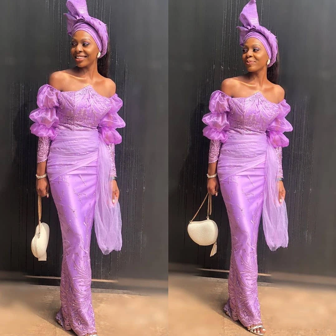 evening dresses for weddings Aso Ebi Nigerian Light Purple Evening Dresses Appliques Off The Shoulder Long Sleeves Sheath Women Formal African Party Gowns women's formal dresses & gowns