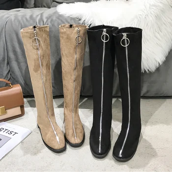 

2020 Mid Women Calf Boots Autumn Mid Heel Khaki Flock Shoes Boots Fashion Winter Women Front Zipper Warm Boots