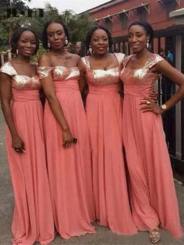 

Coral Sequins Bridesmaid Dresses Long Wedding Party Dress Sweetheart Short Sleeves Chiffon Bridesmaid Dress for Wedding