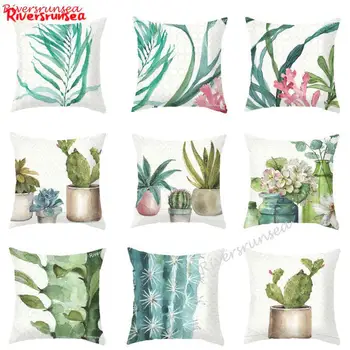 

Hand Painted Green Plant Cushion Tropical Cactus Succulent Plants Leaf Watercolor Printed Chair Pillow For Home Living Room Sofa