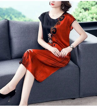 

2020 Free Shipping New Spring Summer Silk Dress Female Big Yards Mother Blockbuster Printed Red Yellow Women Dresses