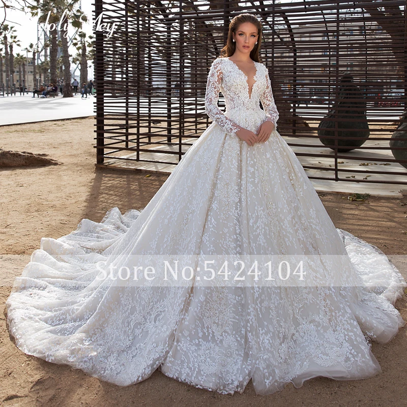 Adoly Mey Elegant V-Neck Long Sleeve Bride Ball Gown Wedding Dress 2022 Gorgeous Appliques Lace Chapel Train Vintage Bridal Gown bridal dresses