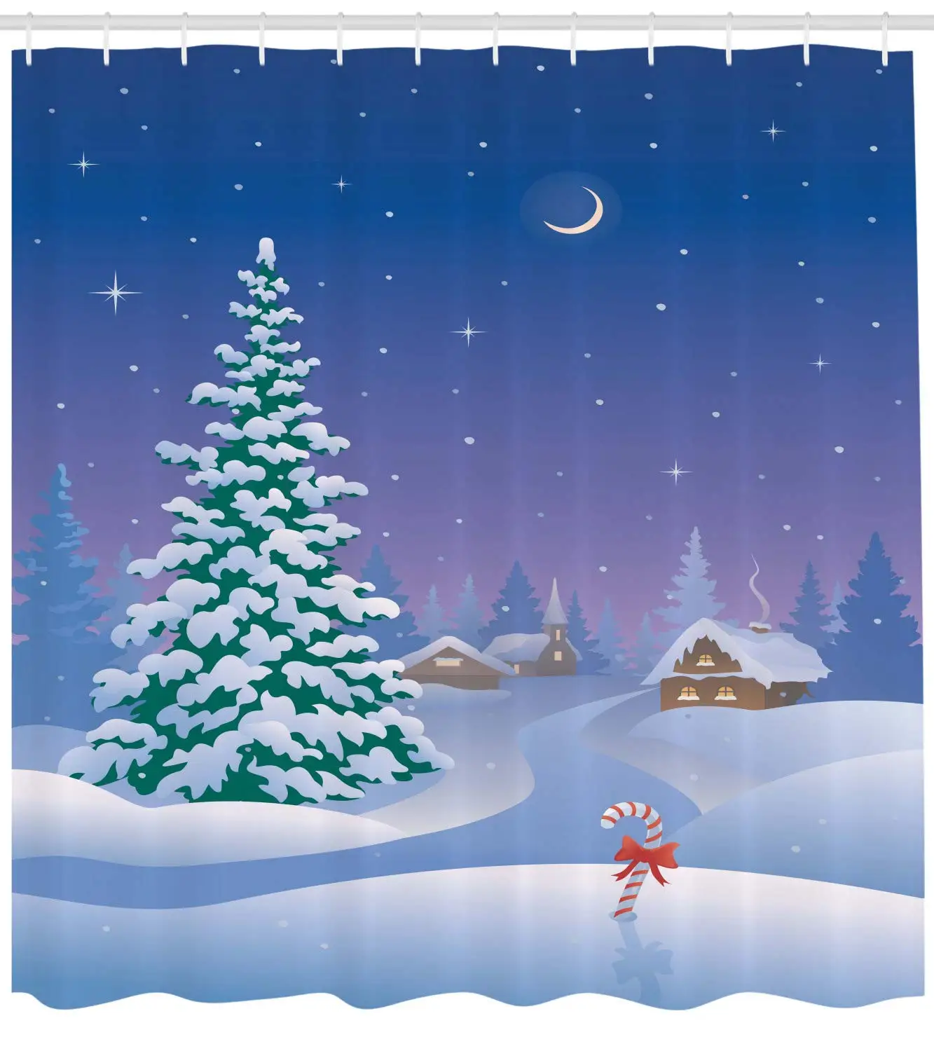Winter Shower Curtain Vertical Cartoon Illustration of a Path with Houses and Pine Tree on The Way Cloth Fabric Bathroom Decor | Дом и сад