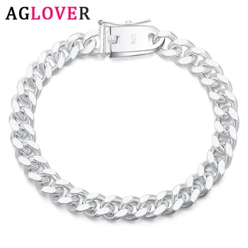 

AGLOVER 925 Silver 8 Inch 10MM Cuban Square Buckle Sideways Simple Bracelet For Woman Man Fashion Jewelry Christmas Gift