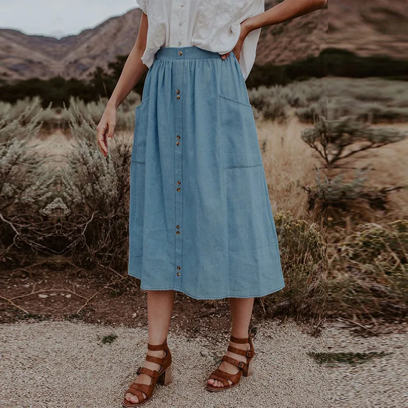 

2020 New Spring Summer Cotton Button Skirt Women Solid Casual Pocket High Waist Skirt