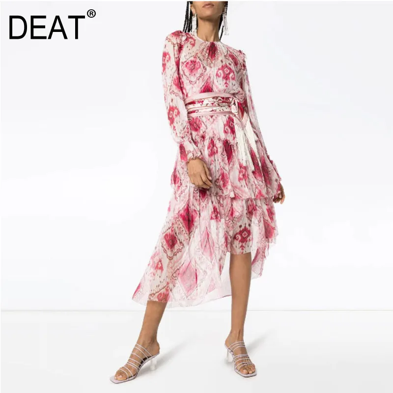 

DEAT 2020 New Spring Summer Round Collar Print Bandage Irregular Dress Women Casual Loose Temperament Chiffon Dress Tide PD889