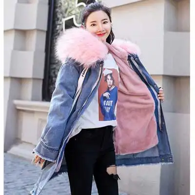 pink Теплая джинсовая куртка зима новое вышитое длинное джинсовое пальто женское корейское Прямое пальто с большим меховым воротником плотное Женское пальто - Цвет: pink