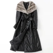 Парижская мода, натуральная кожа, пальто женское, осень и зима, стиль, кожаное пальто, норковый меховой воротник, повседневное пальто