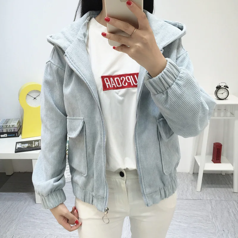 

Autumn Students Hooded Short Jacket Corduroy Long-sleeved Coat Women's