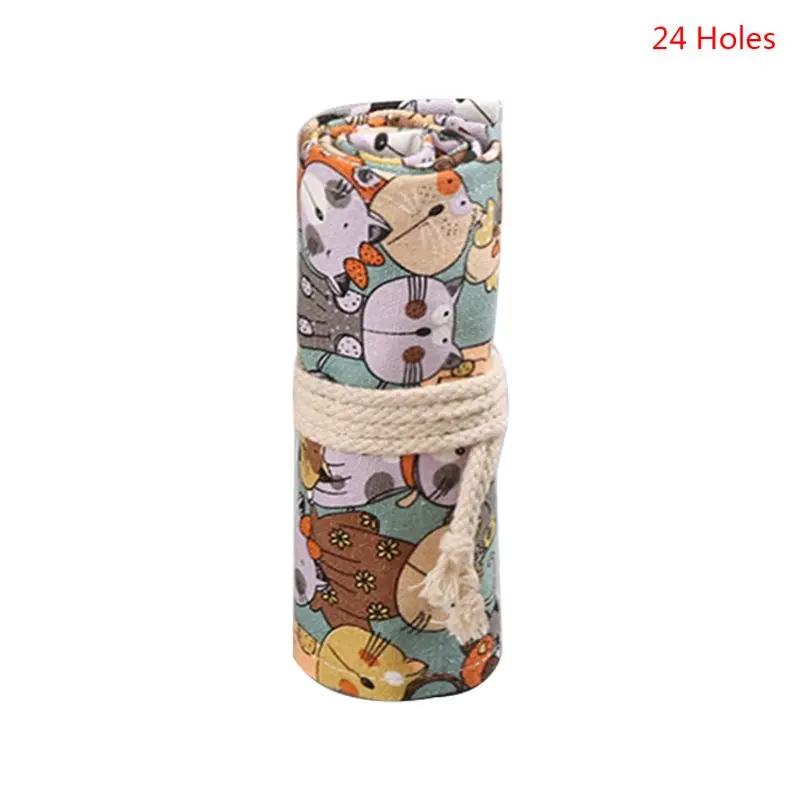 24 holes С рисунком кота из мультфильма, 12/24/36/48/72 отверстия холст РОЛИК ручка Шторы Карандаш сумка чехол для макияжа - Цвет: 24 holes