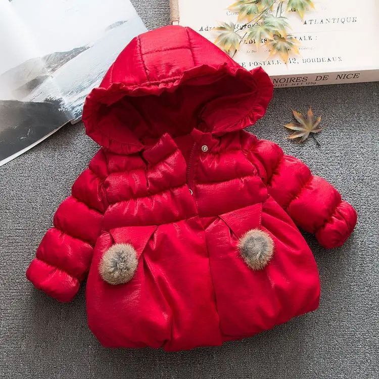 Новая зимняя куртка с хлопковой подкладкой и бантом для девочек пальто с хлопковой подкладкой и капюшоном теплая верхняя одежда с карманами - Цвет: Красный
