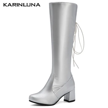 

Karinluna New Brand Fashion women shoes Black Sliver Round Toe Knee High Boots Lace-Up Square Thick Heels Female Shoes