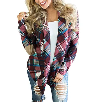

Women's Plaid Print Jackets Long Sleeve Elbow Patch Draped Open Front Cardigan Women's Jackets Coats 2019 Girl Autumn Outwear