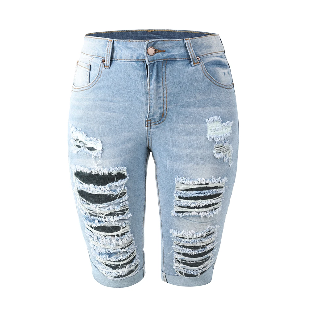 Женская Средняя посадка эластичные джинсовые шорты до колена пышные бермуды стрейч короткие джинсы