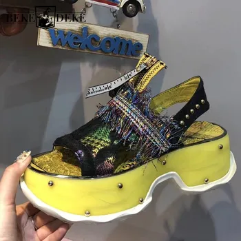 

2020 Summer New Women Thick Platform Sandals Genuine Leather Tassels Harajuku Wedges Sandals Rivets Hollow Out Creeper Shoes
