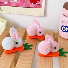 

3D Cartoon Cute Animals Rabbit Hair Clips Furry Rabbit Ear Carrot Clips Small Fresh Three-dimensional Fur Pom Rabbit Hairpins