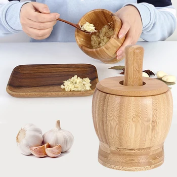 

Garlic Masher with Lid Bamboo Household Kitchen Food Grinder Widely Used Thick