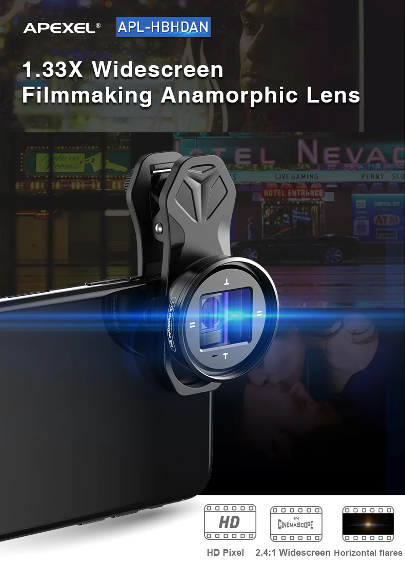 APEXEL Anamorphic Lens 1.33x Widescreen Slr Movie Lens 4K HD Vlog Shooting Deformation Filmmaking for iPhone Huawei smartphones