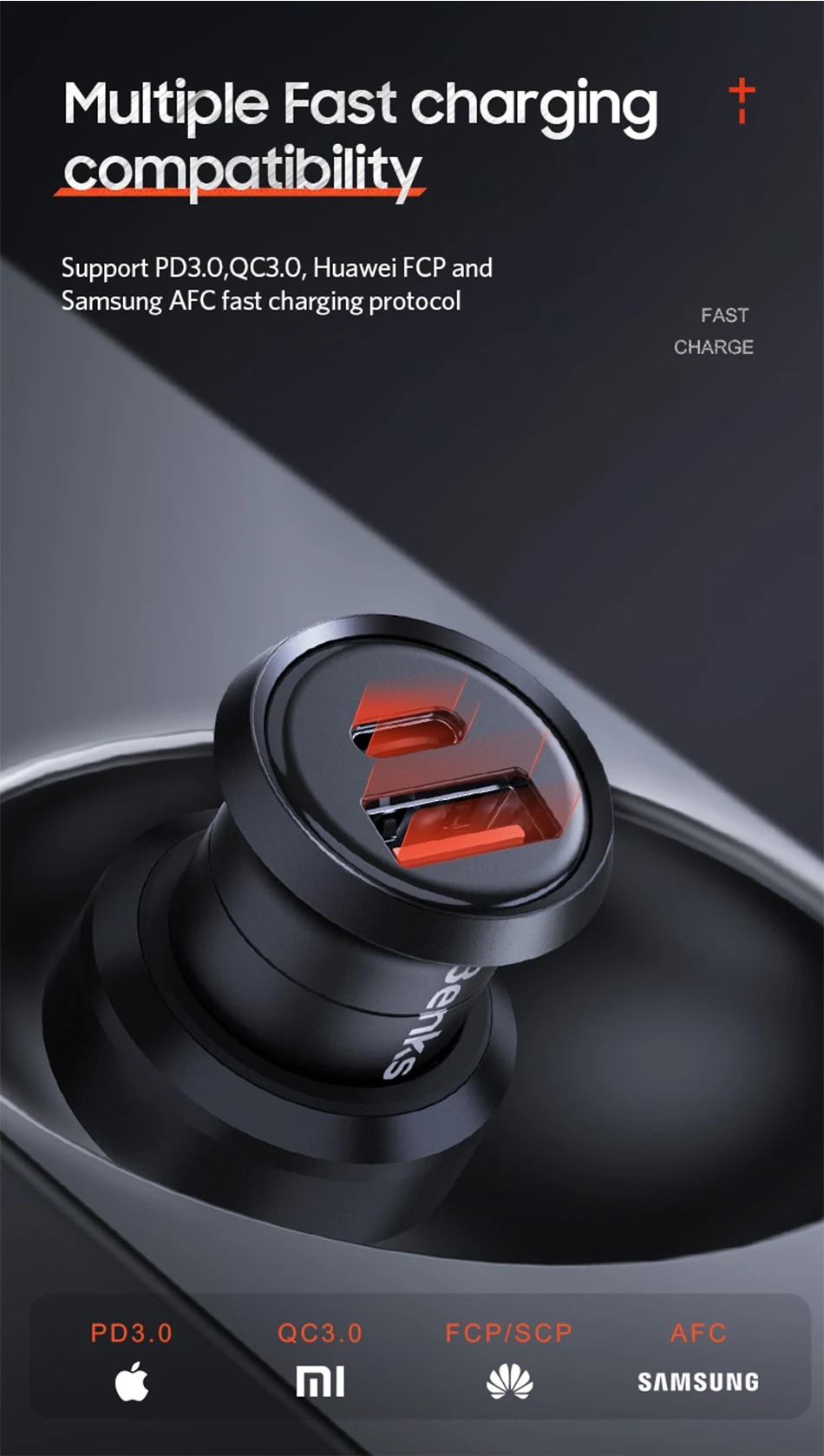 Benks Car Charger Dual Port PD QC 4.0 30W Type C Fast Charging Charger Quick Charge 3.0 For iphone 11 Pro Sumsung Huawei Xiaomi (4)