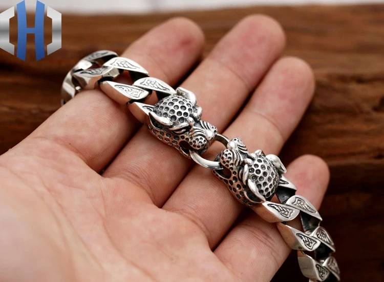 

S925 Sterling Silver Jewelry Men's Fashion Punk Trend Double Leopard Head Personality Retro Thick Bracelet