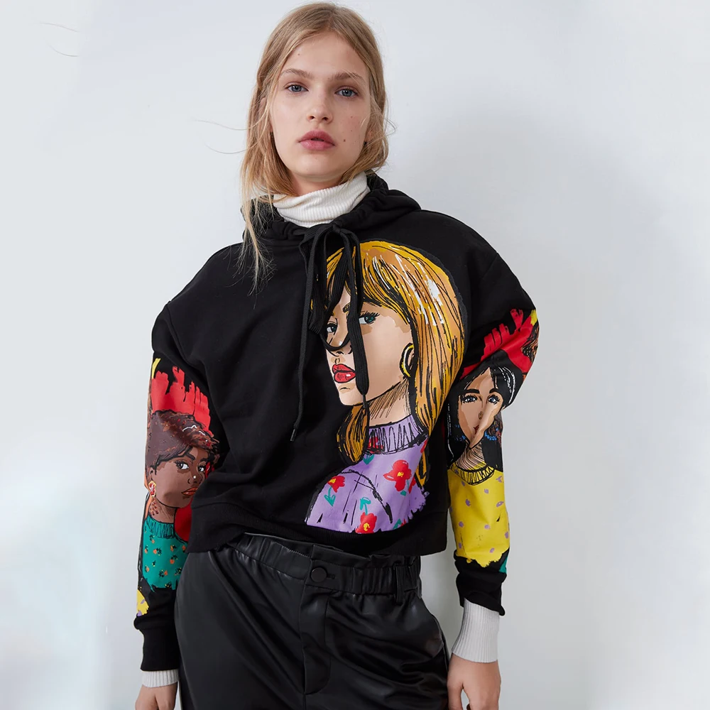 ZA свитшоты для женщин Повседневная Толстовка с рисунком для девочек модный пуловер с длинным рукавом Женская осенне-зимняя Свободная Толстовка